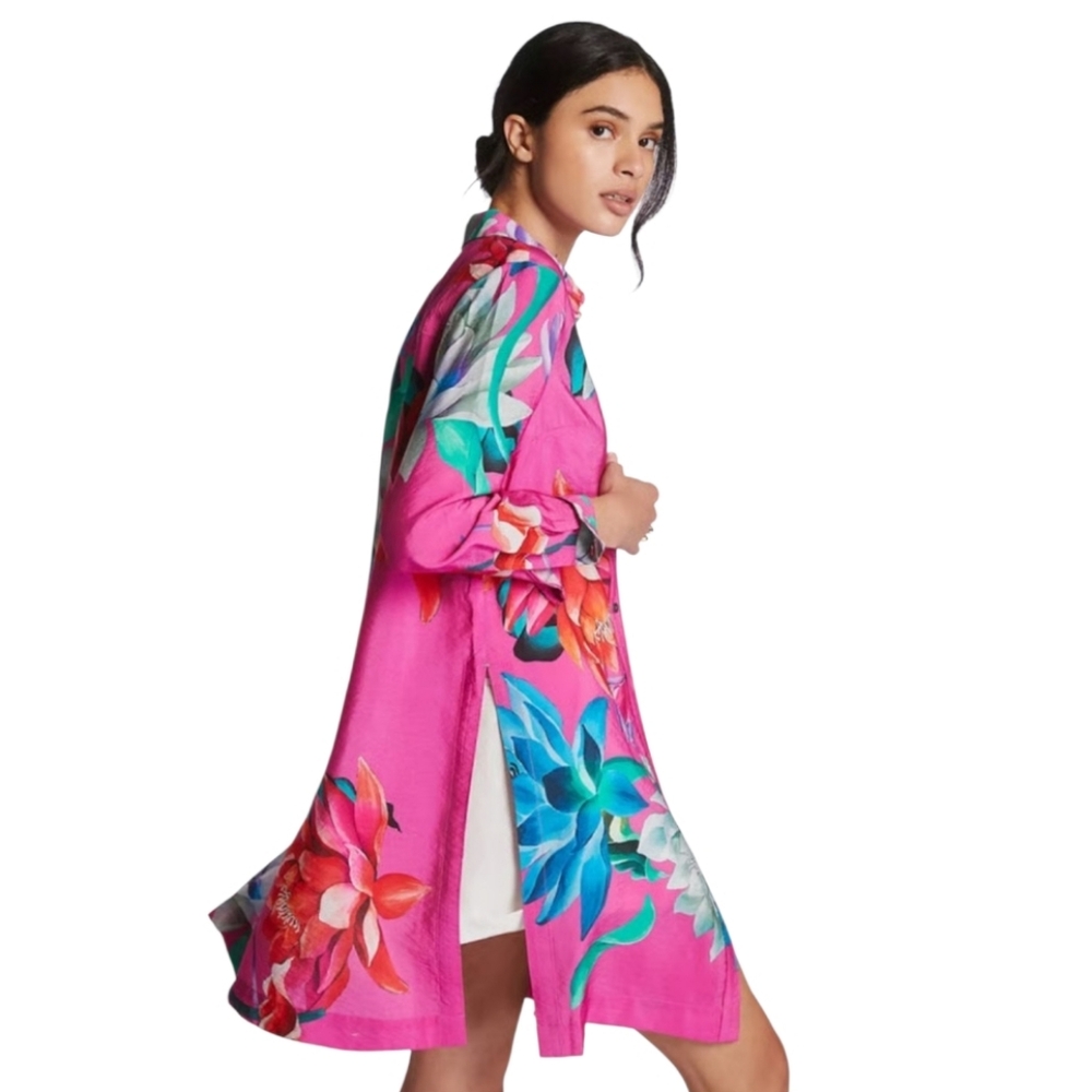 Anthropologie Maeve Pink Combo Floral Pattern Buttondown Tunic Size S NWOT